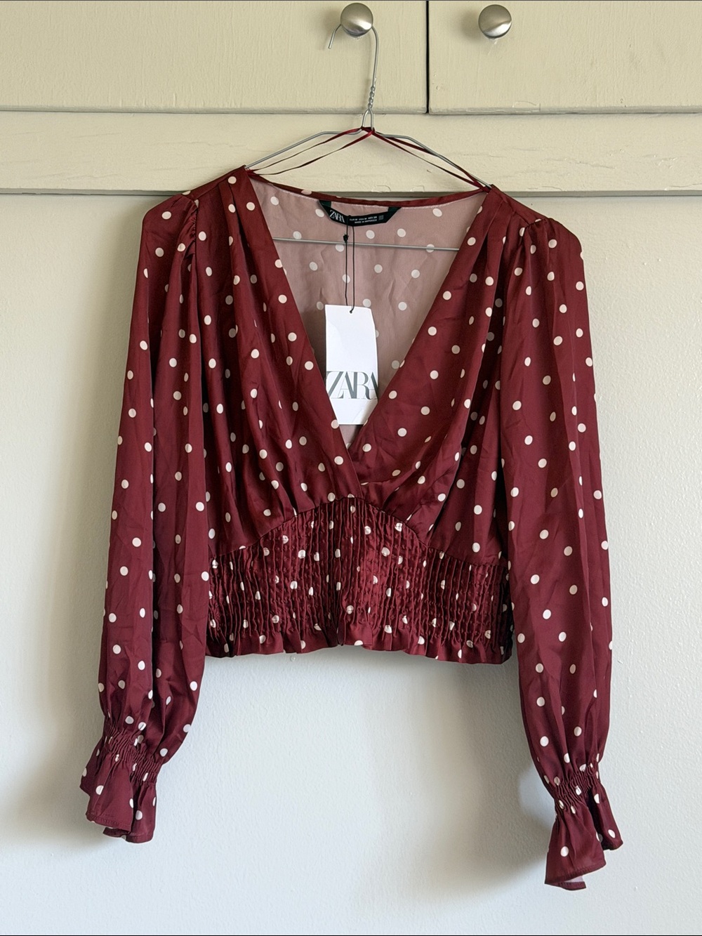 Zara NWT Wine/Brown Polka Dot V-Neck Smocked Waist Blouse